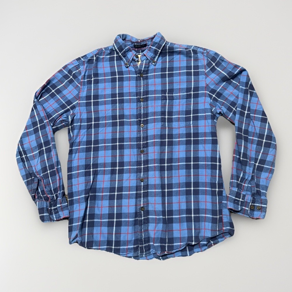 St. Johns Bay Men's Size Medium Classic Fit Flannel Shirt Blue Red Plaid